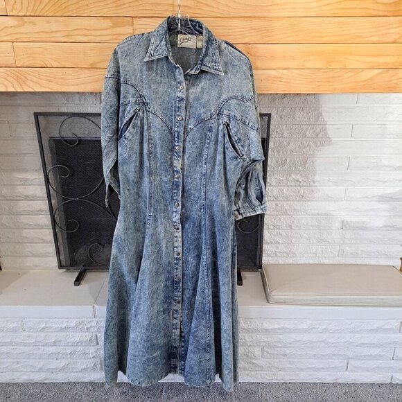 Vintage Dresses & Skirts - Vintage 80's Acid Stone Washed Women's Denim Maxi Dress Long Sleeve Button Up M